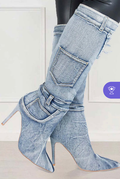 Denim Raw Edge Pointy Toe Stiletto High Leg Boots-Blue